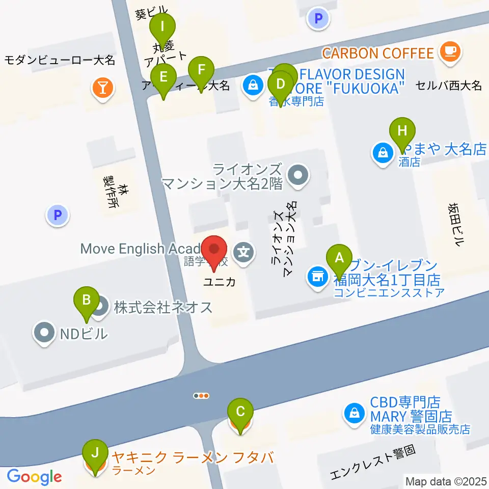 ボーカルレッスンミュウ天神校周辺のファミレス・ファーストフード一覧地図