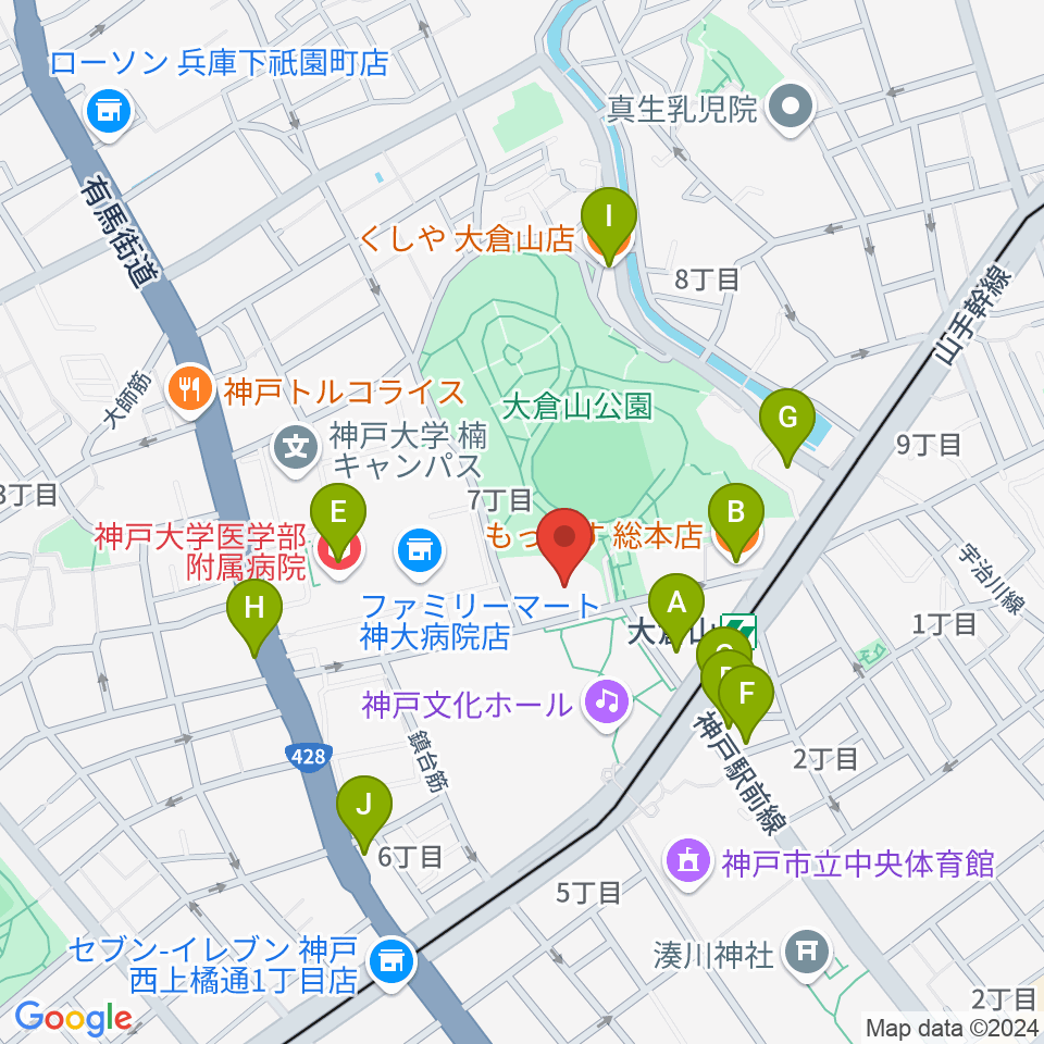 神戸ラピスホール周辺のファミレス・ファーストフード一覧地図