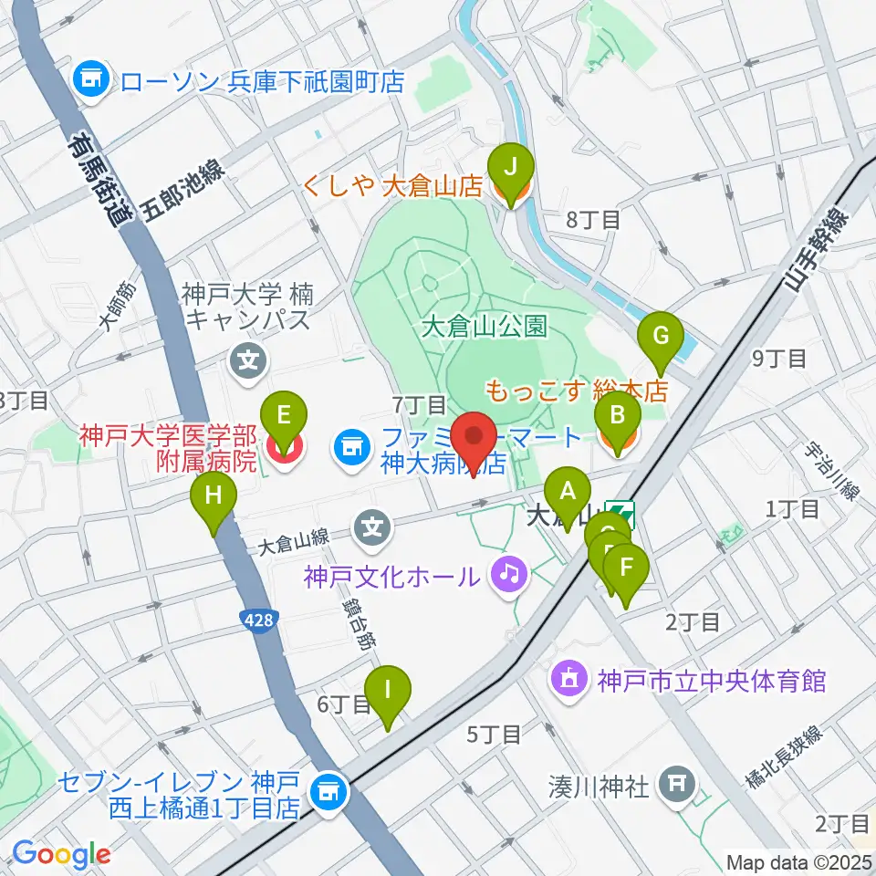 神戸ラピスホール周辺のファミレス・ファーストフード一覧地図