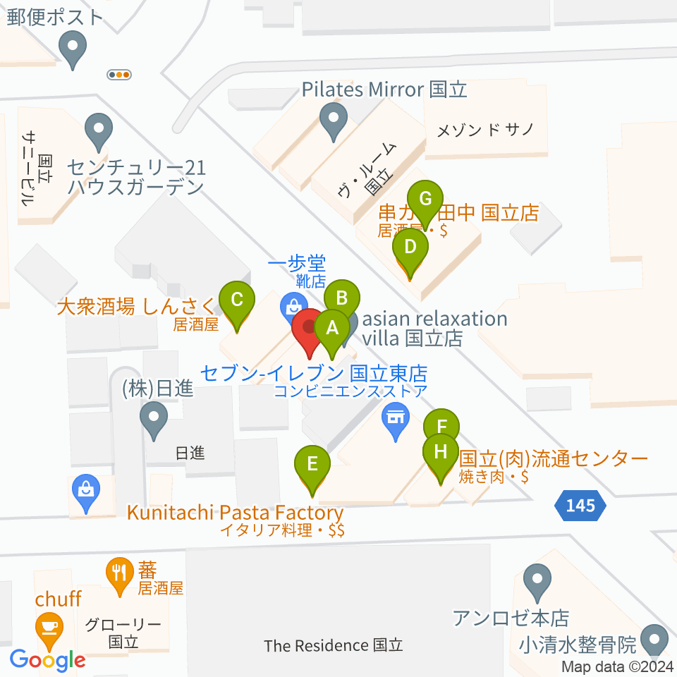 国立はっぽん周辺のファミレス・ファーストフード一覧地図