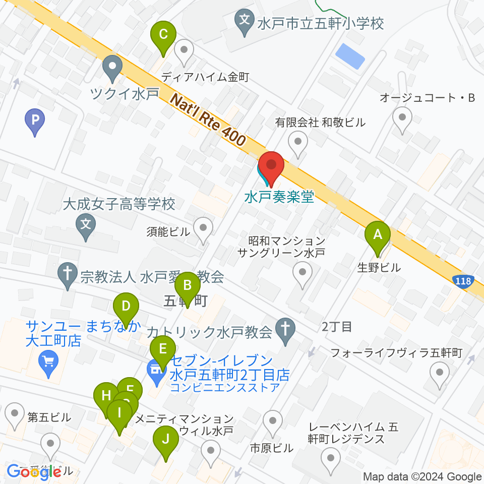 水戸奏楽堂周辺のファミレス・ファーストフード一覧地図