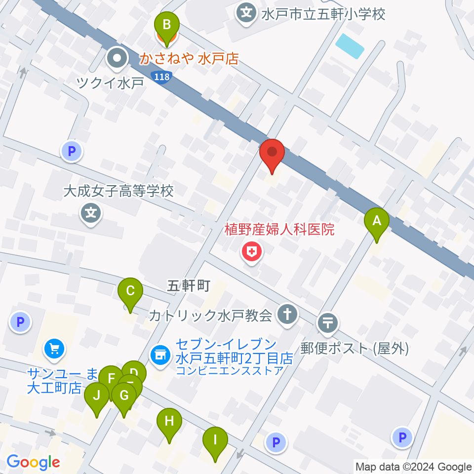 水戸奏楽堂周辺のファミレス・ファーストフード一覧地図