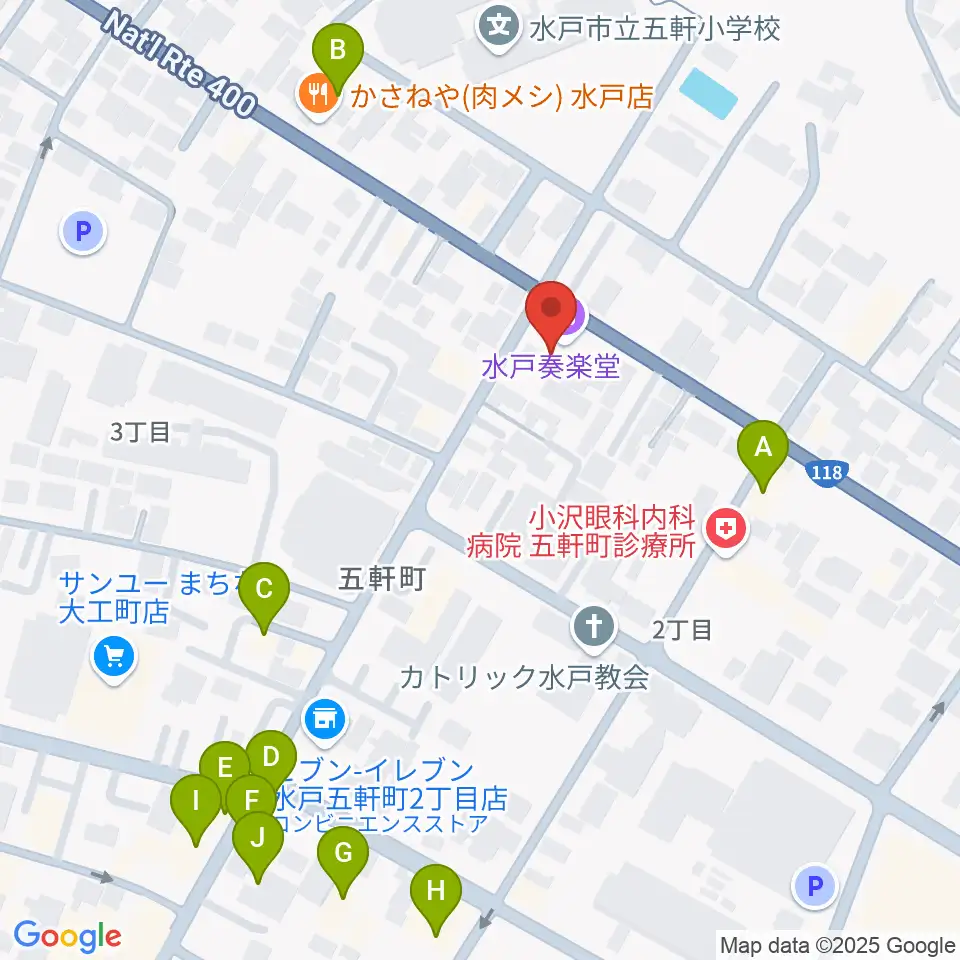 水戸奏楽堂周辺のファミレス・ファーストフード一覧地図