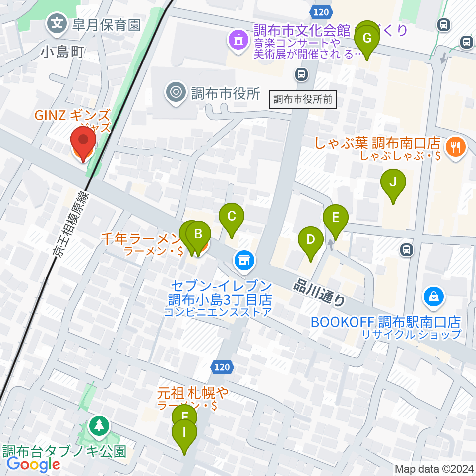 調布GINZ周辺のファミレス・ファーストフード一覧地図