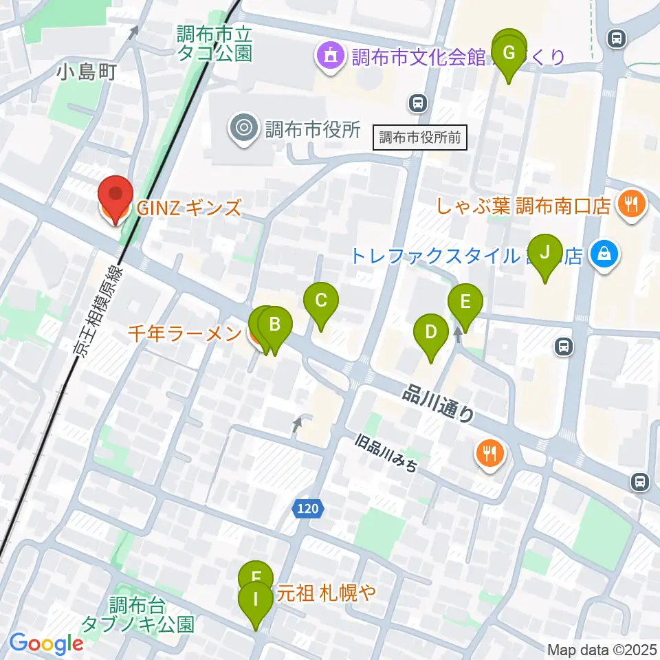 調布GINZ周辺のファミレス・ファーストフード一覧地図