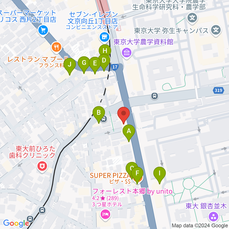 三浦ピアノ本郷店周辺のファミレス・ファーストフード一覧地図