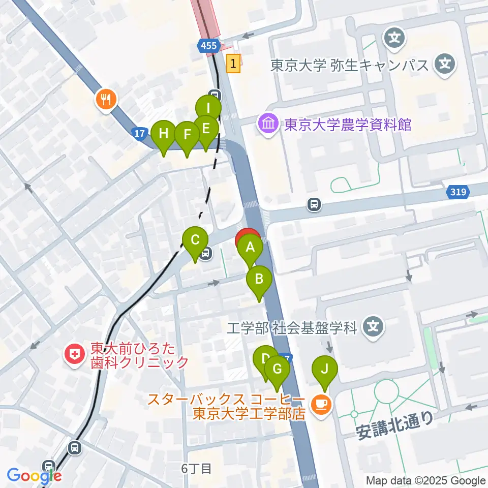 三浦ピアノ本郷店周辺のファミレス・ファーストフード一覧地図