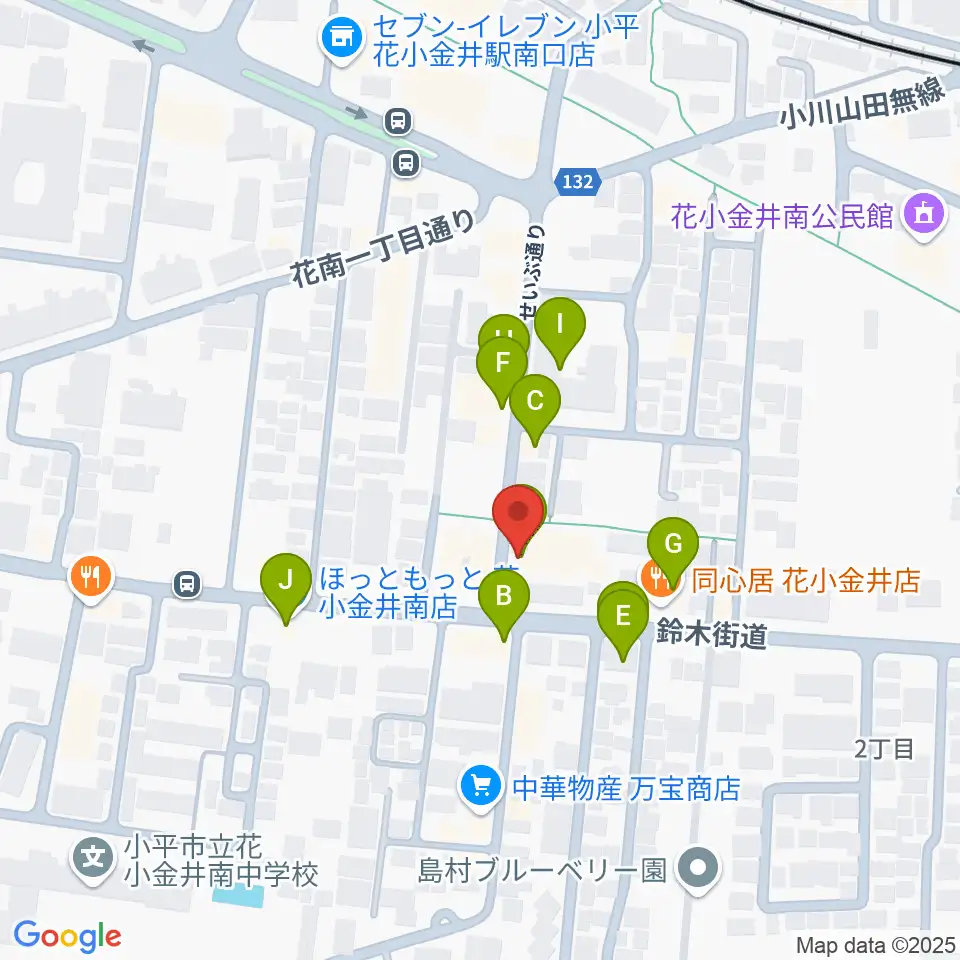 小平ギター＆ピアノ教室 花小金井校周辺のファミレス・ファーストフード一覧地図