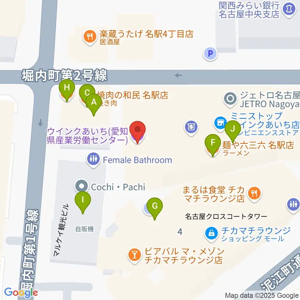 ウインクあいち周辺のファミレス・ファーストフード一覧地図