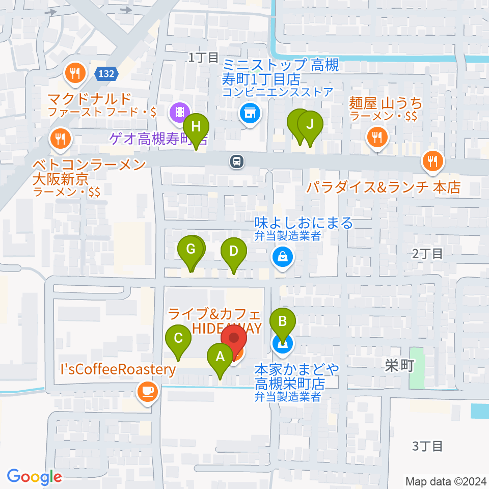 高槻ハイダウェイ周辺のファミレス・ファーストフード一覧地図