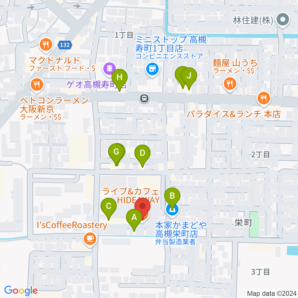 高槻ハイダウェイ周辺のファミレス・ファーストフード一覧地図