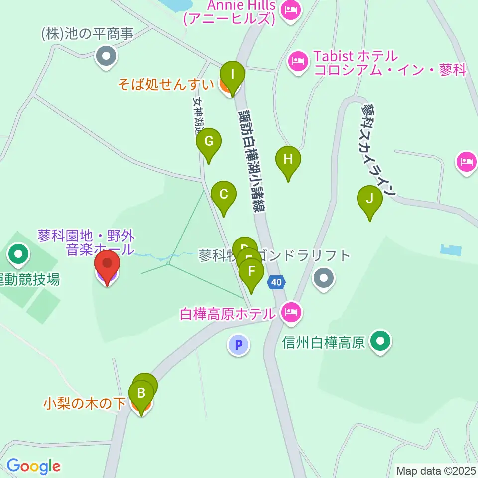 蓼科園地・野外音楽ホール周辺のファミレス・ファーストフード一覧地図