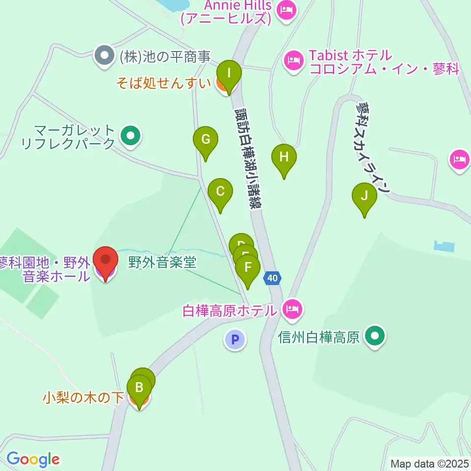 蓼科園地・野外音楽ホール周辺のファミレス・ファーストフード一覧地図