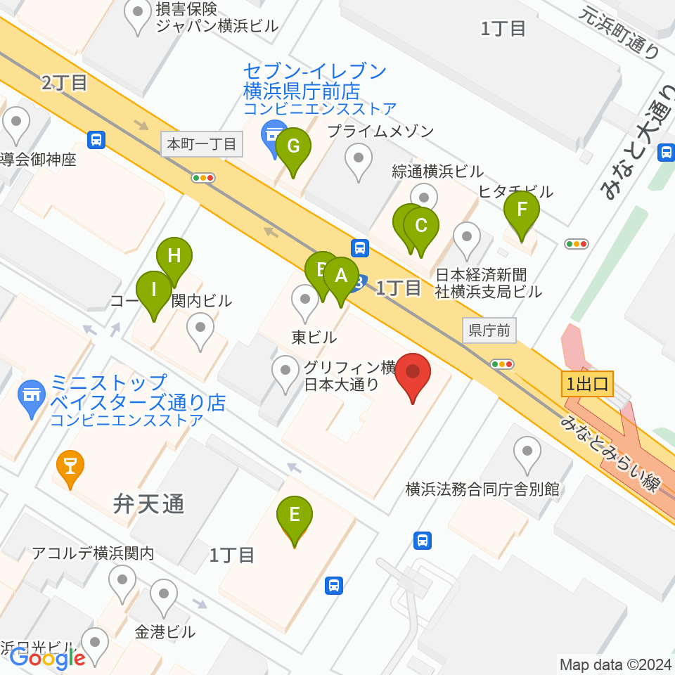 横浜市開港記念会館周辺のファミレス・ファーストフード一覧地図