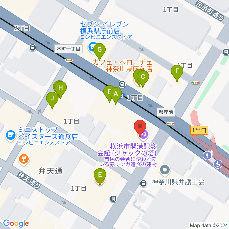 横浜市開港記念会館周辺のファミレス・ファーストフード一覧地図