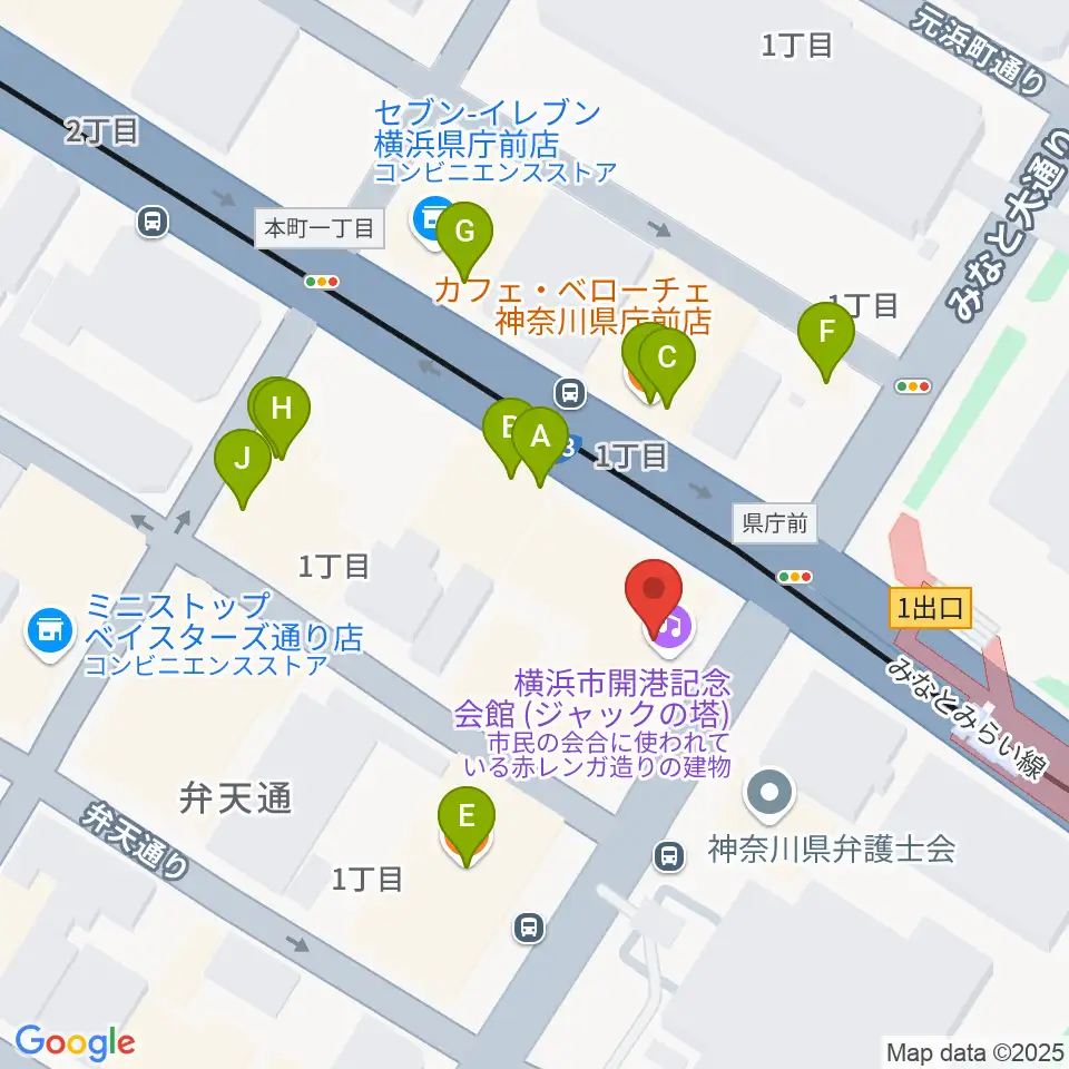 横浜市開港記念会館周辺のファミレス・ファーストフード一覧地図