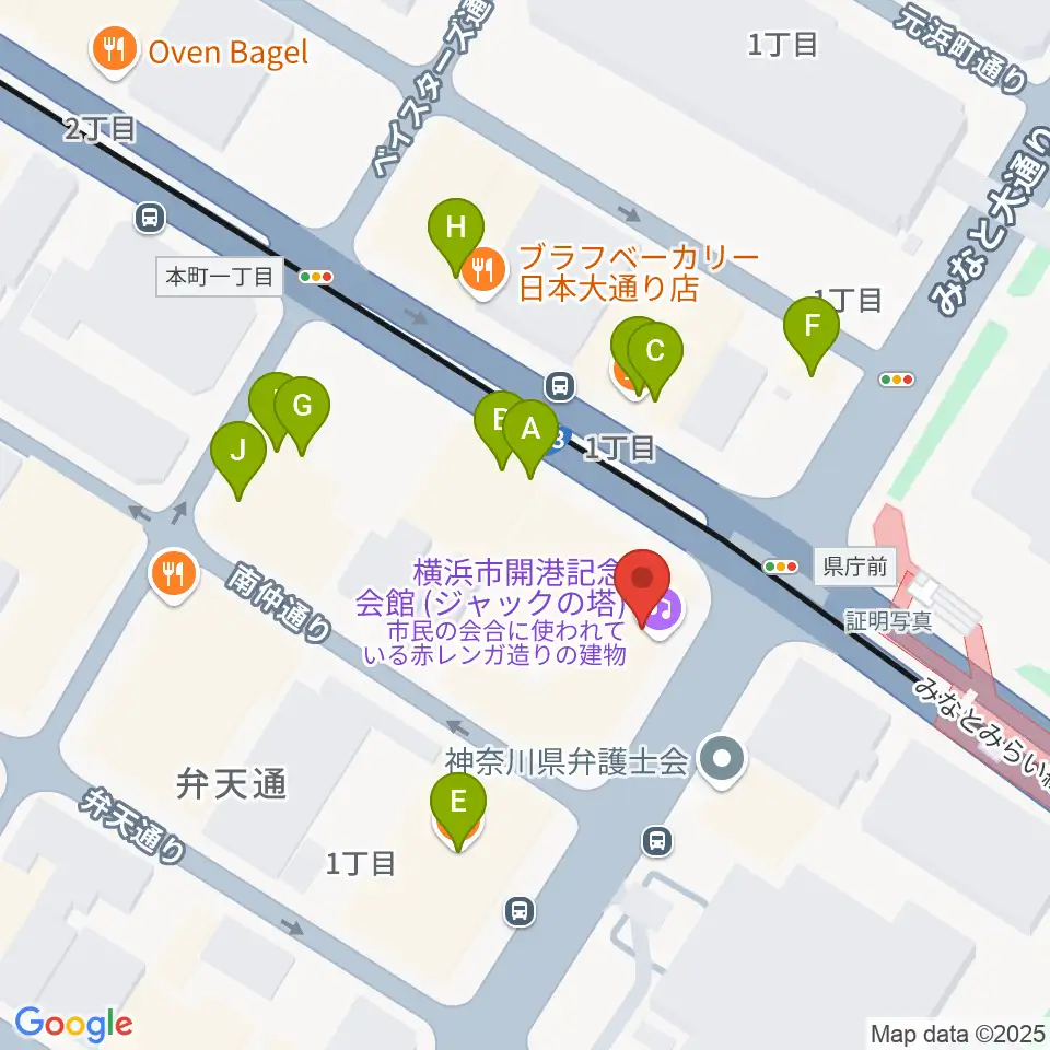 横浜市開港記念会館周辺のファミレス・ファーストフード一覧地図