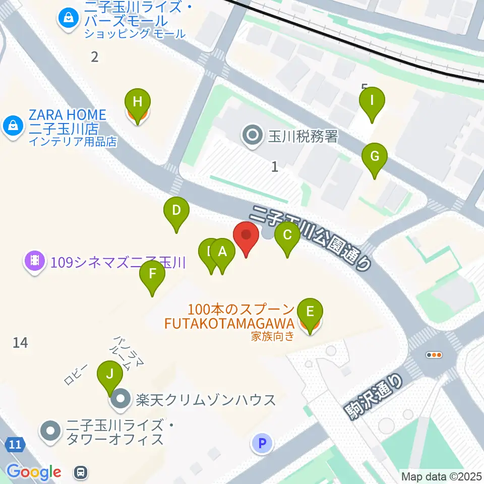 イッツコムスタジオ＆ホール二子玉川ライズ周辺のファミレス・ファーストフード一覧地図