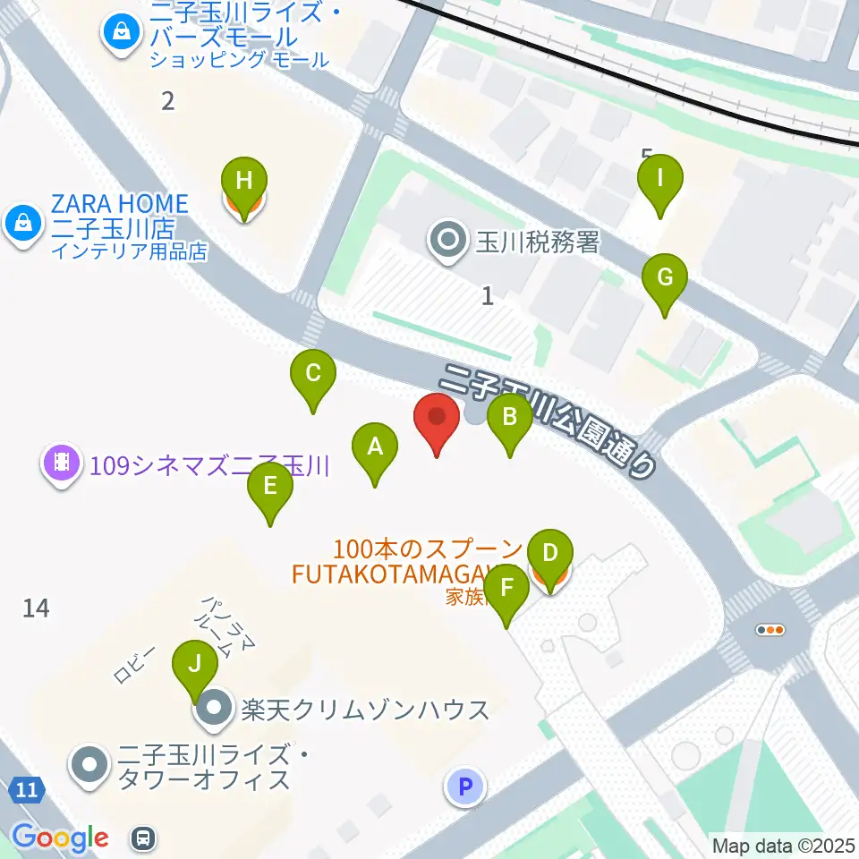 イッツコムスタジオ＆ホール二子玉川ライズ周辺のファミレス・ファーストフード一覧地図