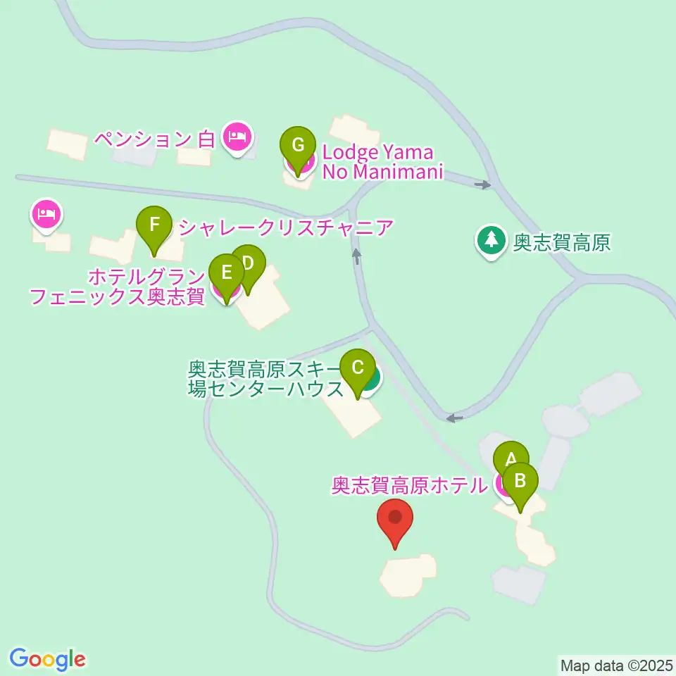 奥志賀高原 森の音楽堂周辺のファミレス・ファーストフード一覧地図