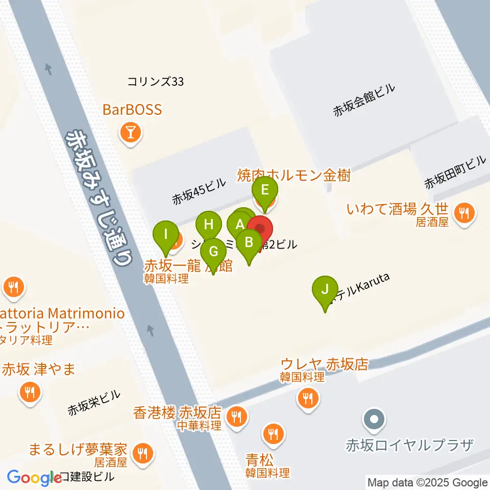 赤坂カンティーナ周辺のファミレス・ファーストフード一覧地図