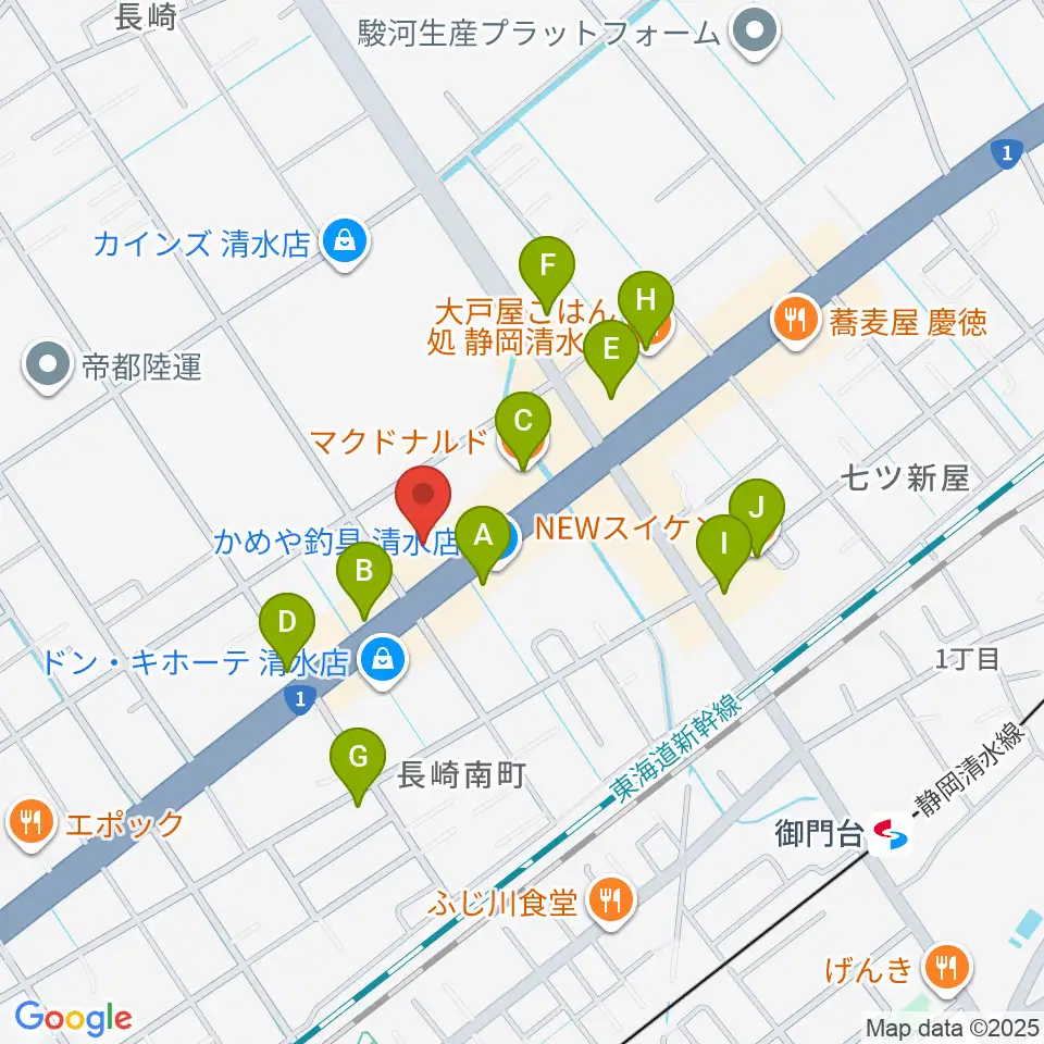 音楽天国 静岡草薙店周辺のファミレス・ファーストフード一覧地図