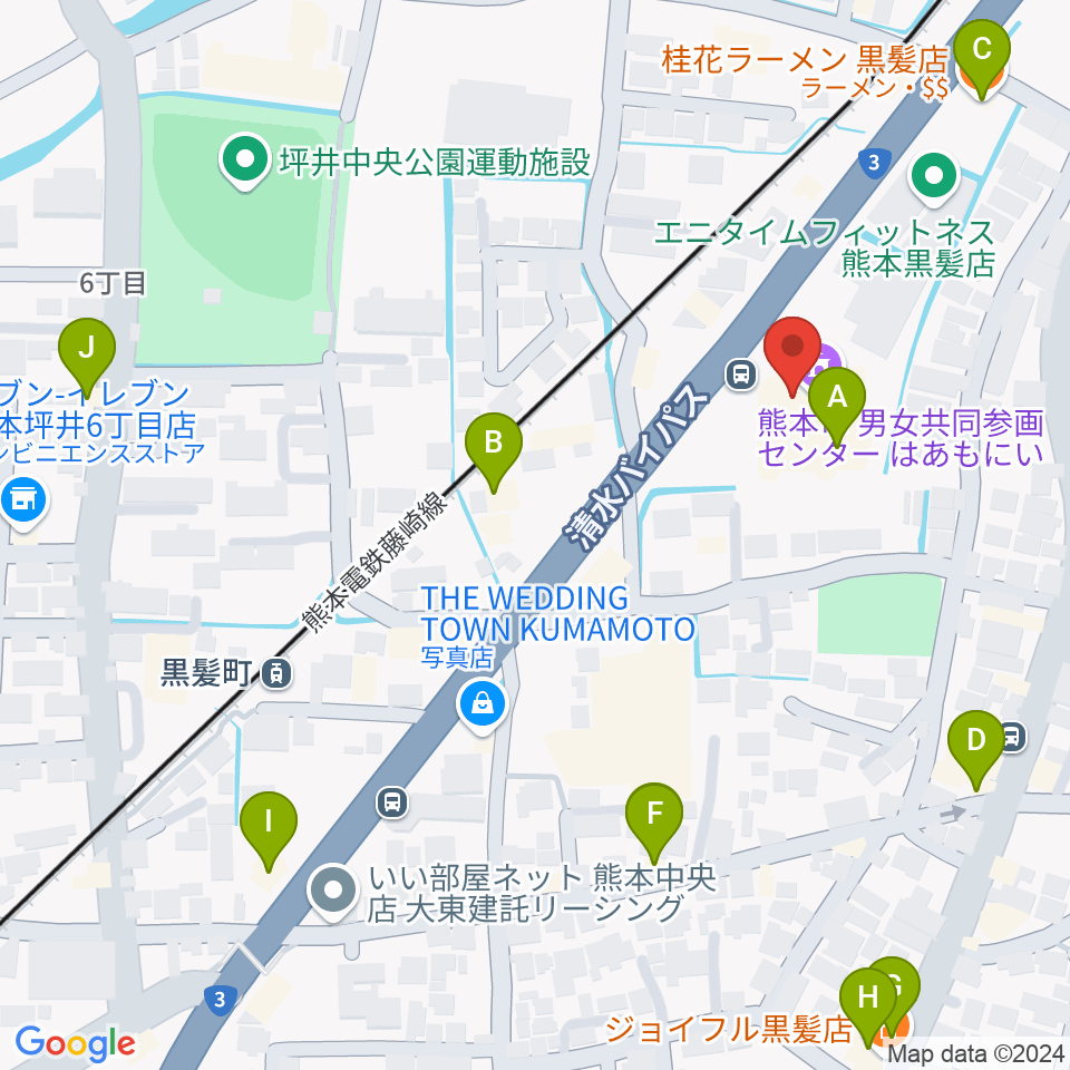 熊本市男女共同参画センターはあもにい周辺のファミレス・ファーストフード一覧地図