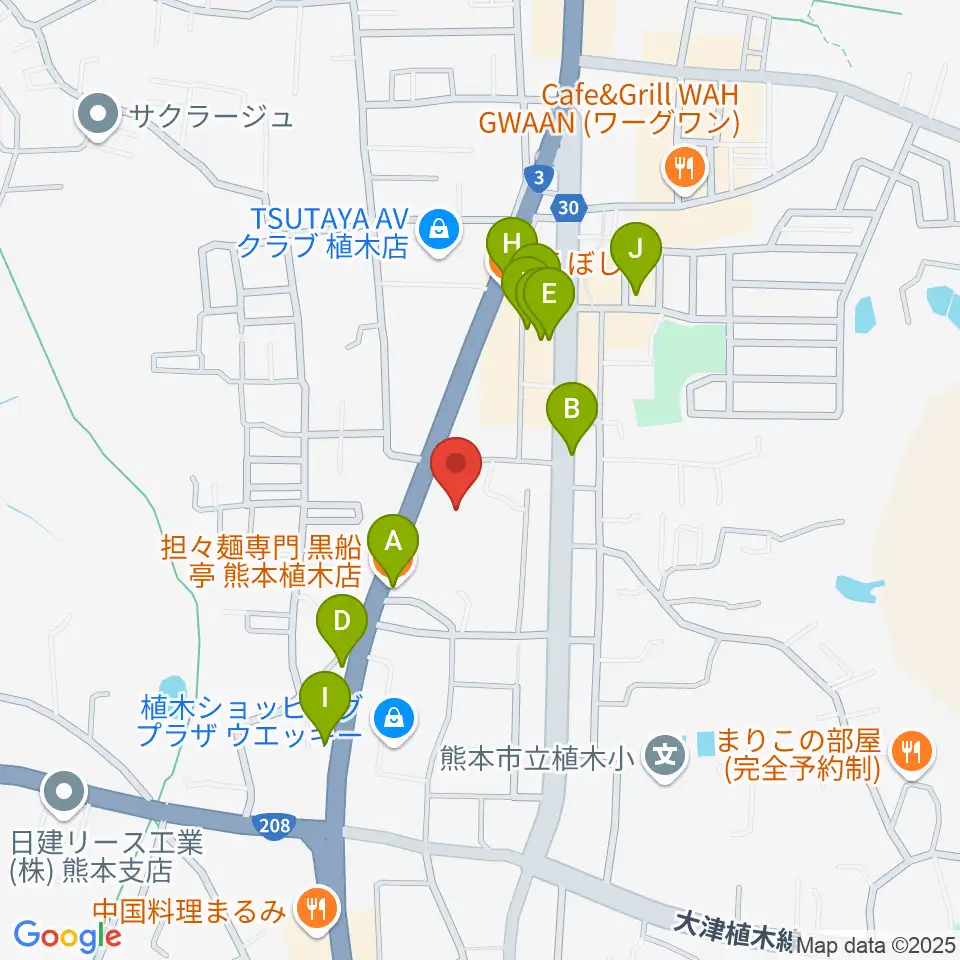 ピアノタウン熊本周辺のファミレス・ファーストフード一覧地図