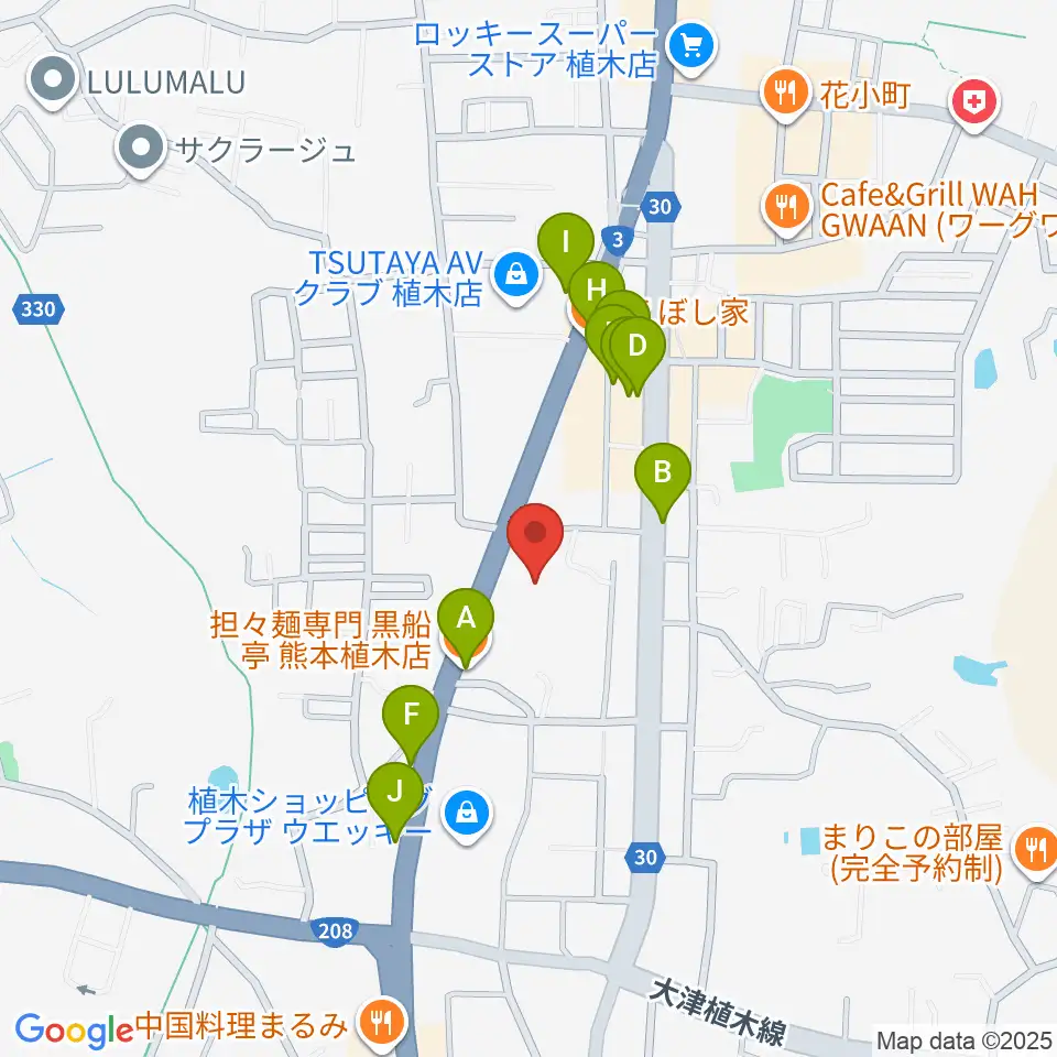 ピアノタウン熊本周辺のファミレス・ファーストフード一覧地図