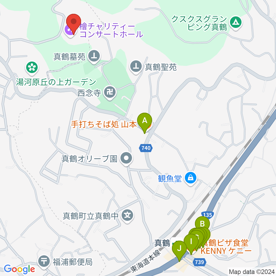 檜チャリティコンサートホール周辺のファミレス・ファーストフード一覧地図