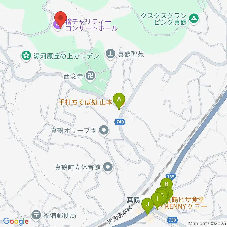 檜チャリティコンサートホール周辺のファミレス・ファーストフード一覧地図