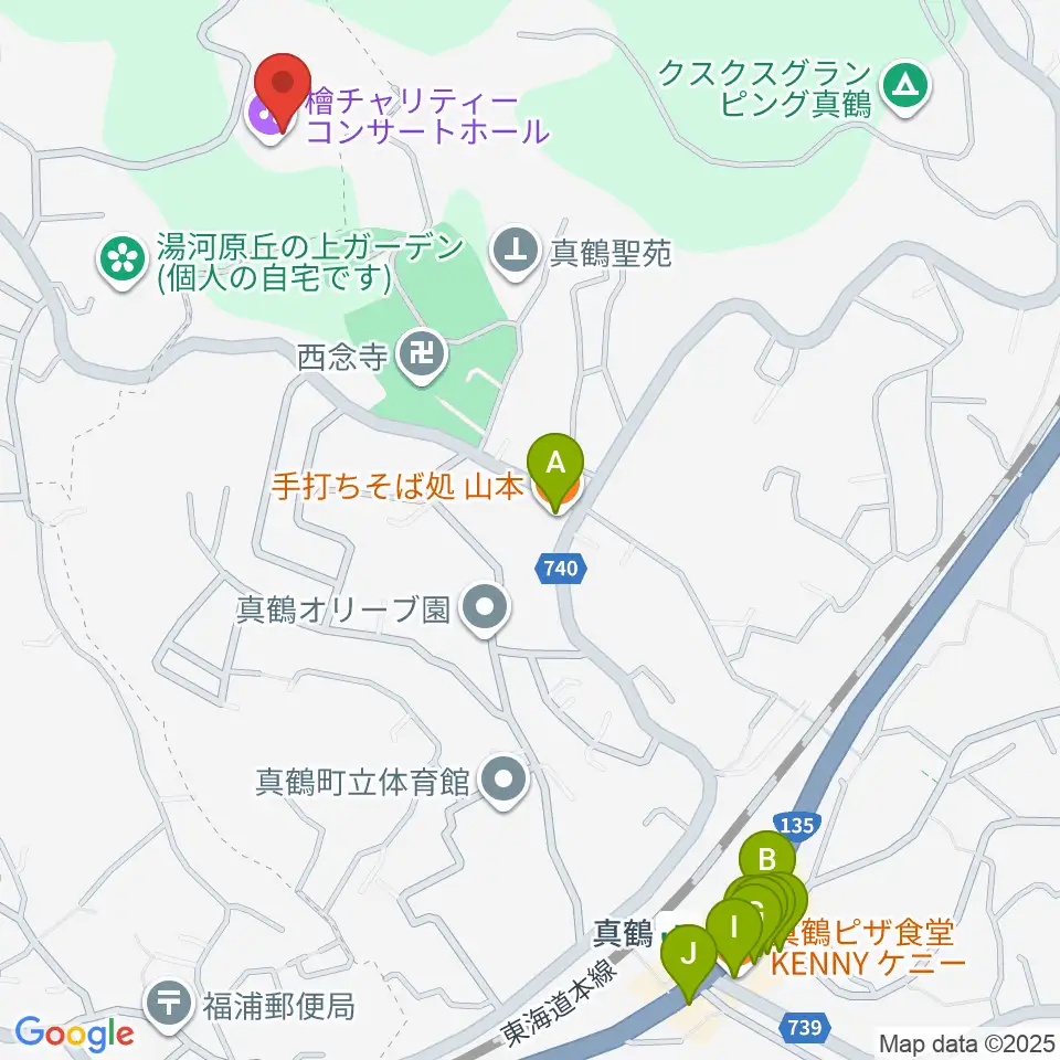 檜チャリティコンサートホール周辺のファミレス・ファーストフード一覧地図