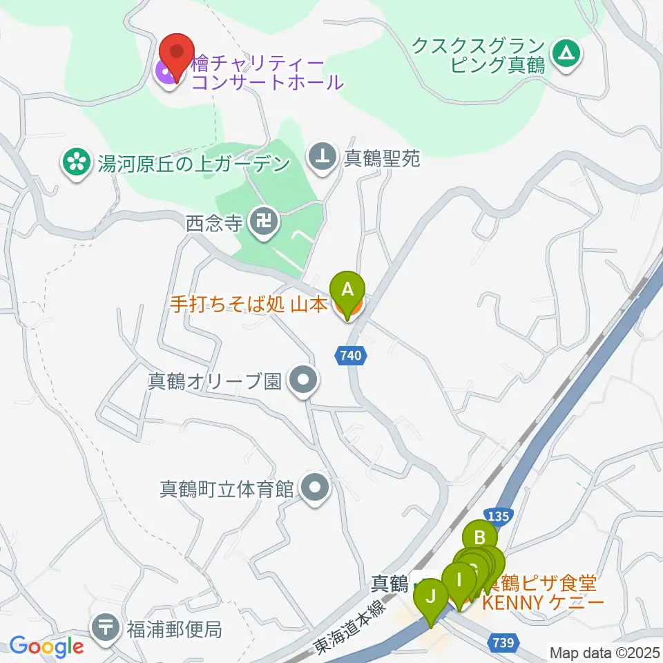 檜チャリティコンサートホール周辺のファミレス・ファーストフード一覧地図