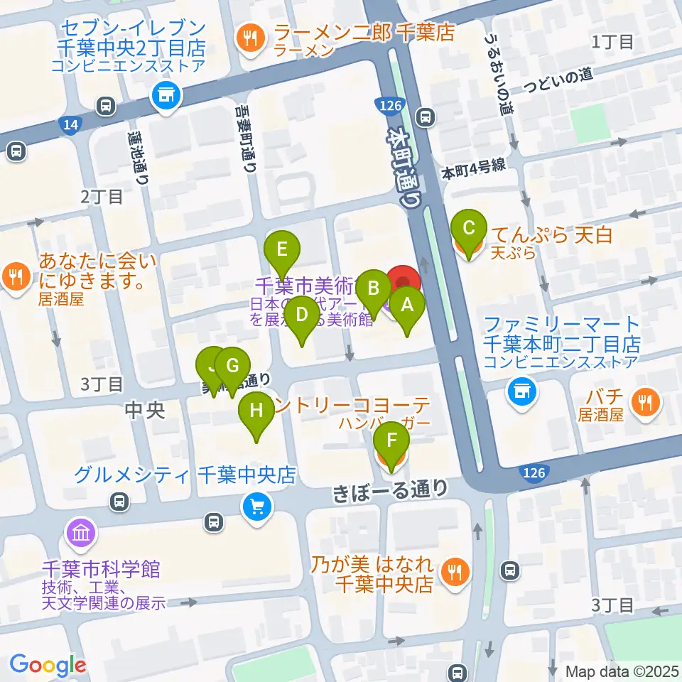 千葉市美術館周辺のファミレス・ファーストフード一覧地図