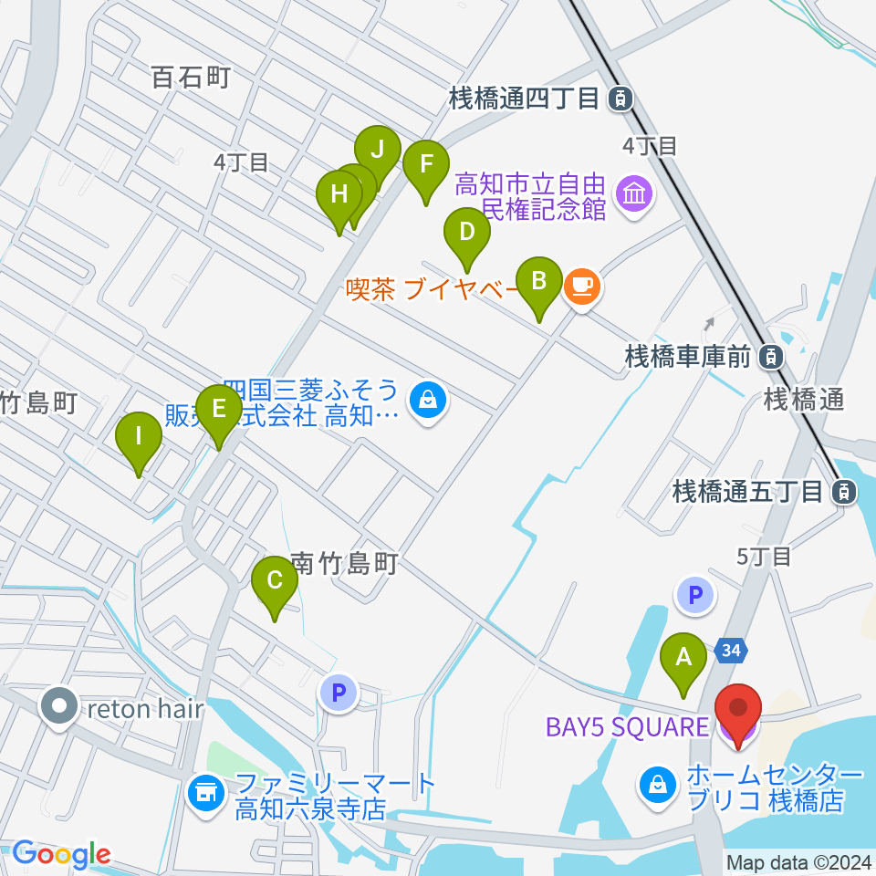 高知BAY5 SQUARE周辺のファミレス・ファーストフード一覧地図