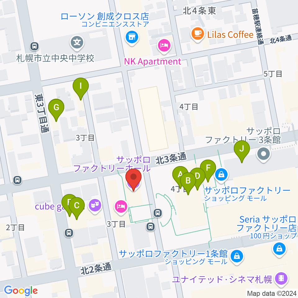 サッポロファクトリー周辺のファミレス・ファーストフード一覧地図