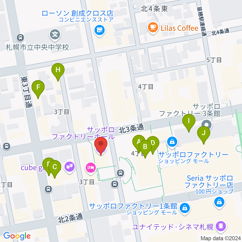 サッポロファクトリー周辺のファミレス・ファーストフード一覧地図