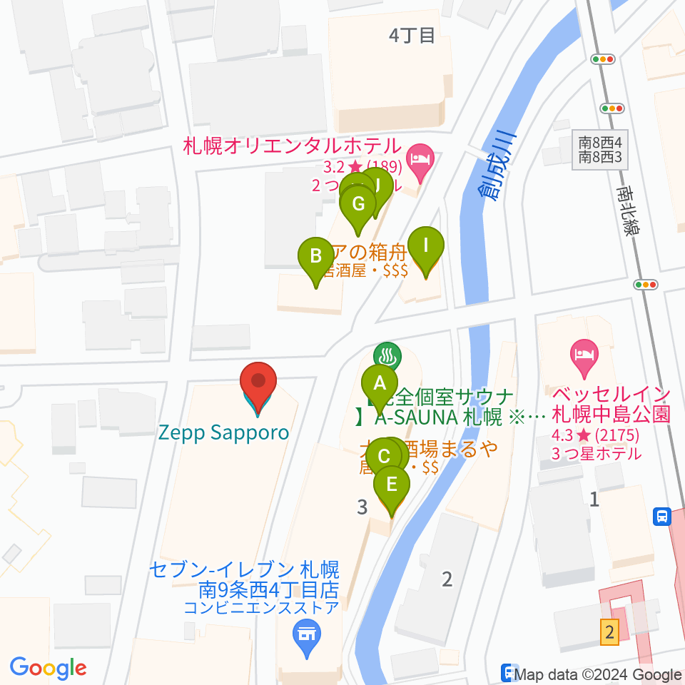 Zepp札幌周辺のファミレス・ファーストフード一覧地図