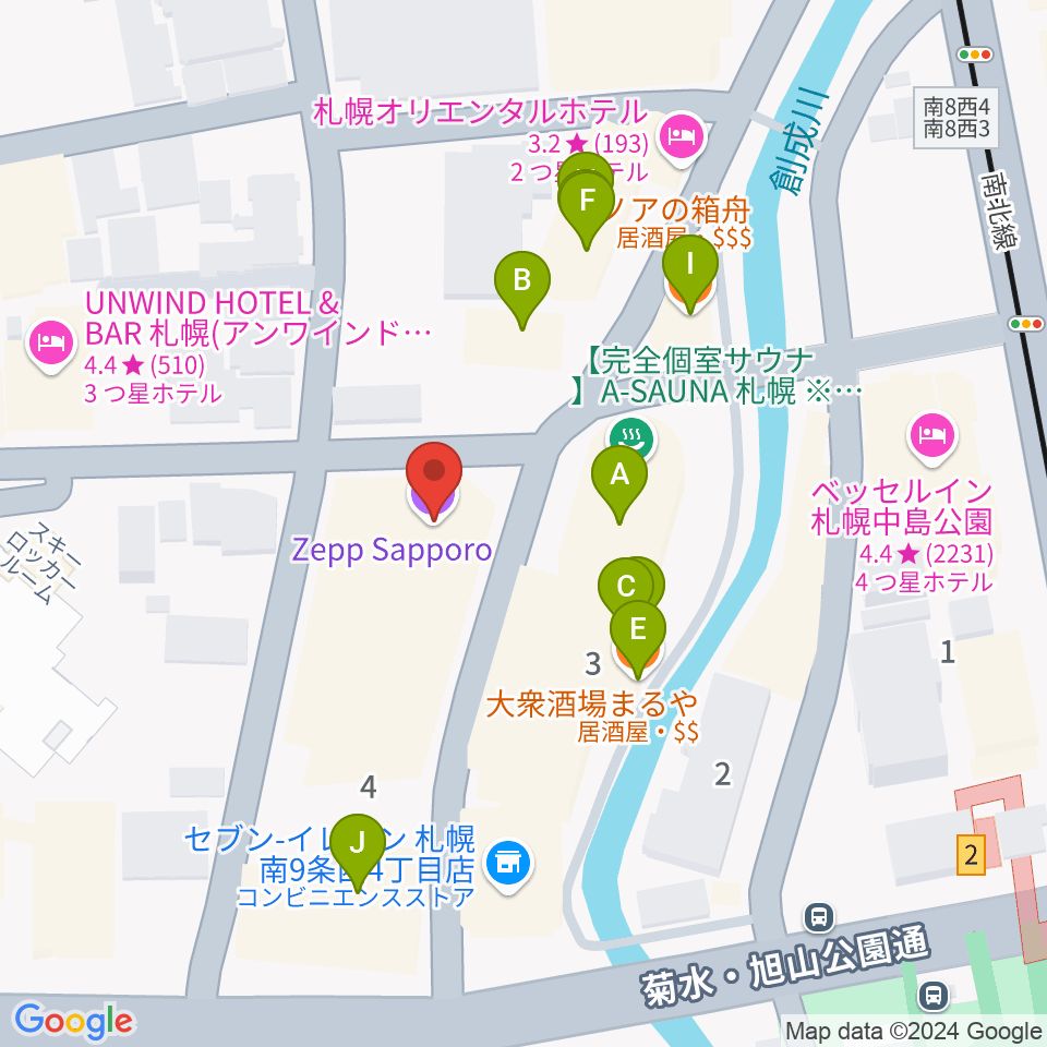 Zepp札幌周辺のファミレス・ファーストフード一覧地図