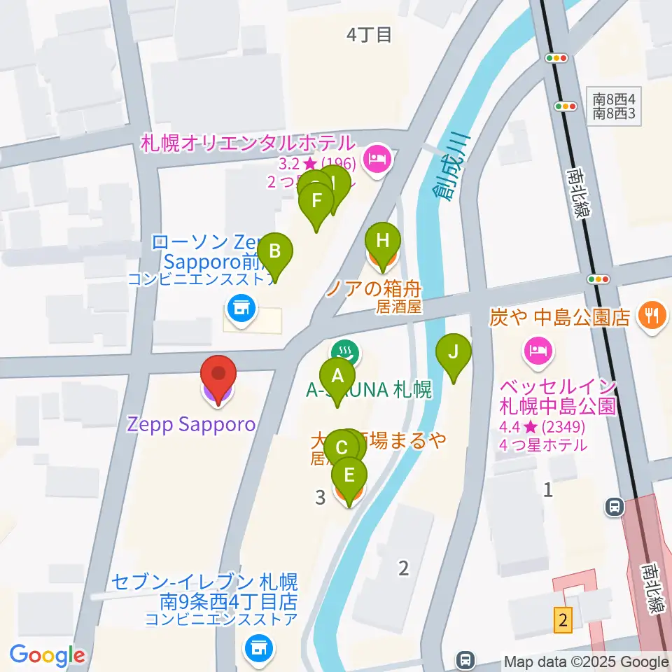 Zepp札幌周辺のファミレス・ファーストフード一覧地図