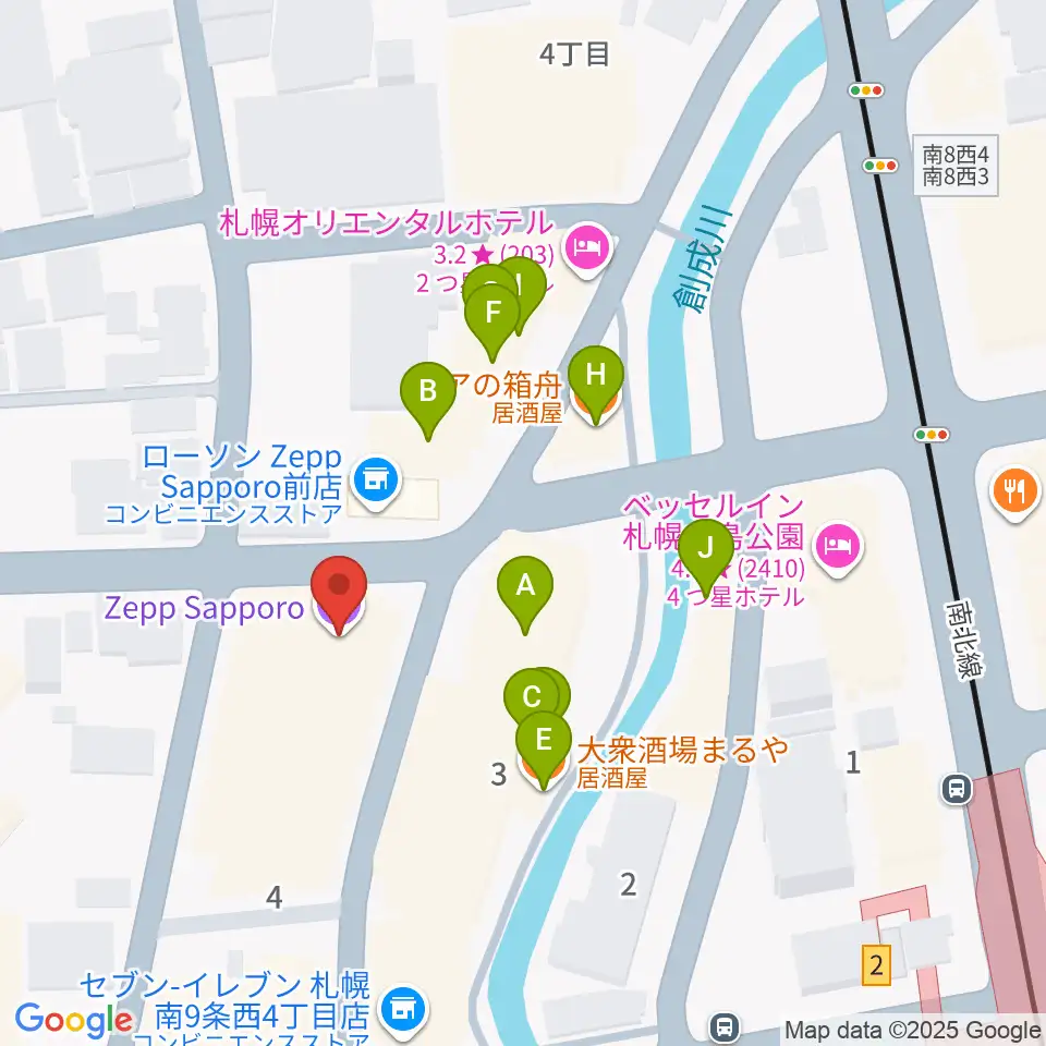 Zepp札幌周辺のファミレス・ファーストフード一覧地図