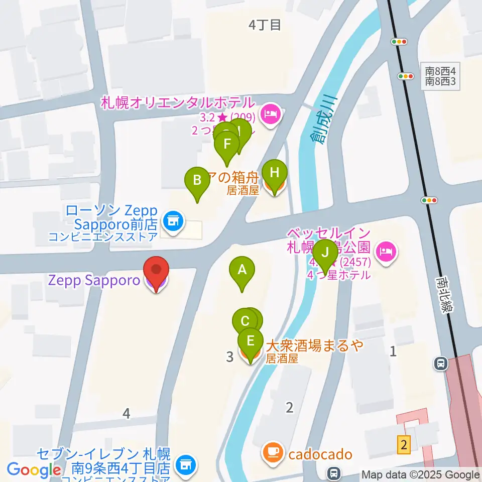 Zepp札幌周辺のファミレス・ファーストフード一覧地図