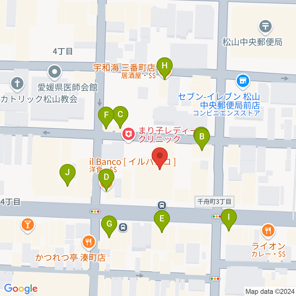 ヤマハミュージック 松山店周辺のファミレス・ファーストフード一覧地図