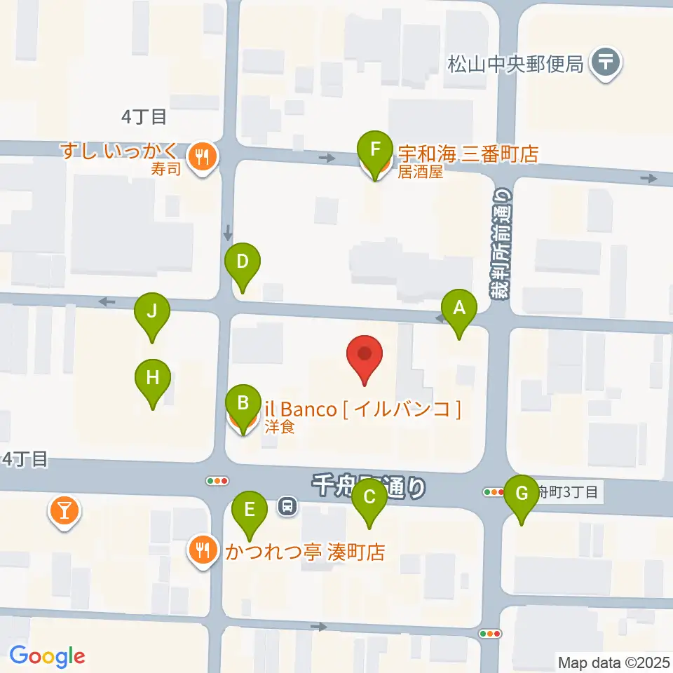 ヤマハミュージック 松山店周辺のファミレス・ファーストフード一覧地図