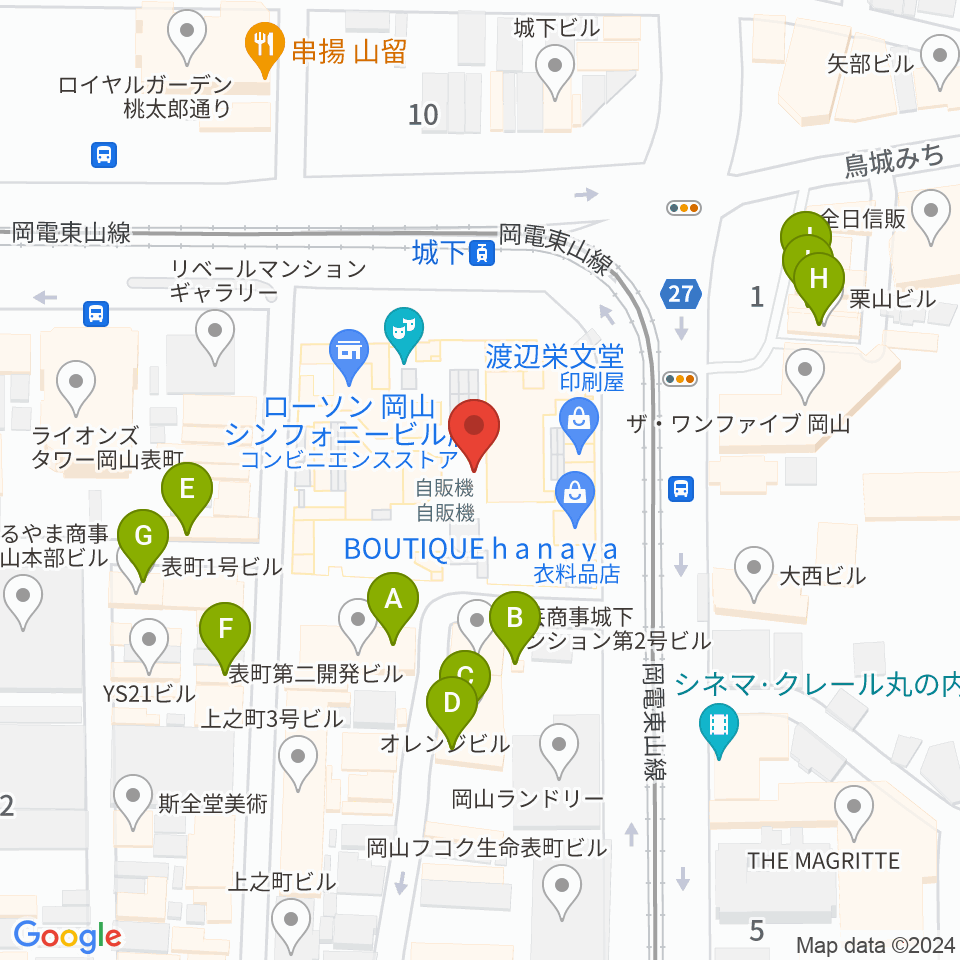 ヤマハミュージック 岡山店周辺のファミレス・ファーストフード一覧地図