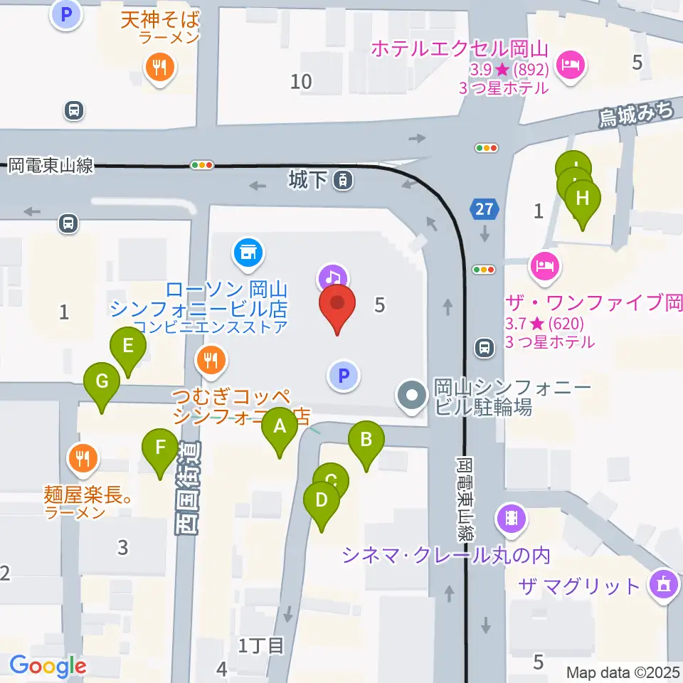 ヤマハミュージック 岡山店周辺のファミレス・ファーストフード一覧地図