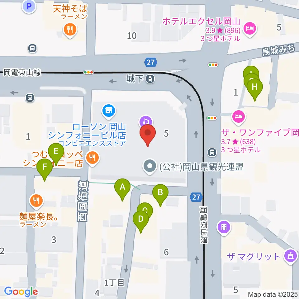 ヤマハミュージック 岡山店周辺のファミレス・ファーストフード一覧地図