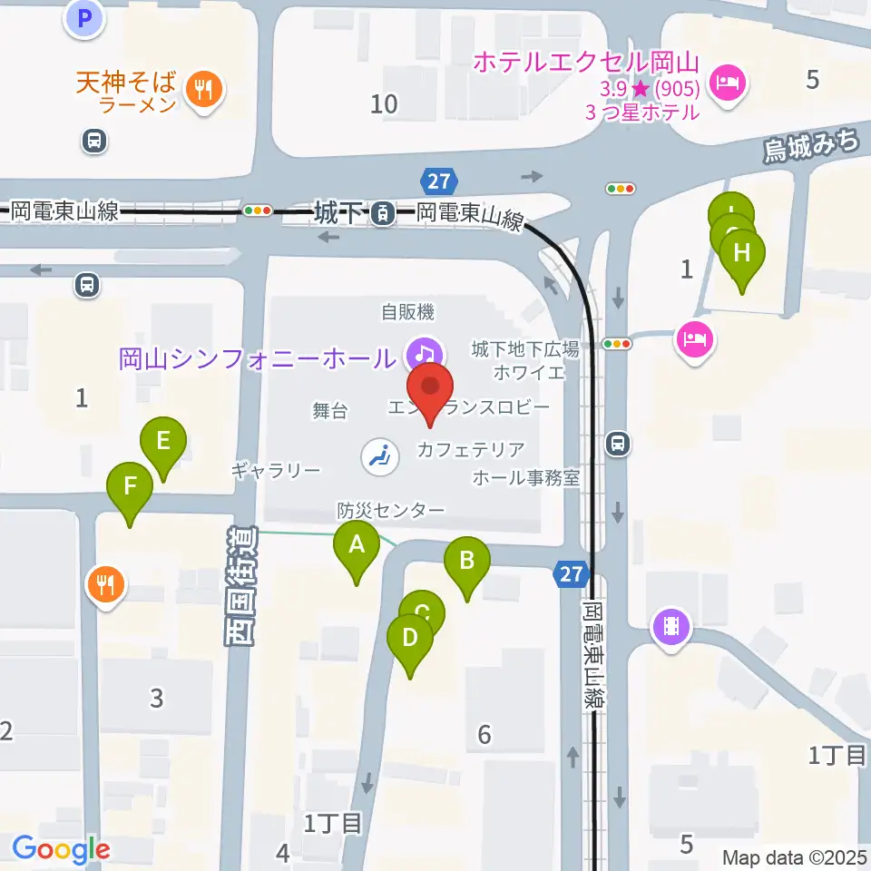 ヤマハミュージック 岡山店周辺のファミレス・ファーストフード一覧地図