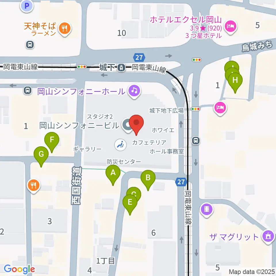 ヤマハミュージック 岡山店周辺のファミレス・ファーストフード一覧地図