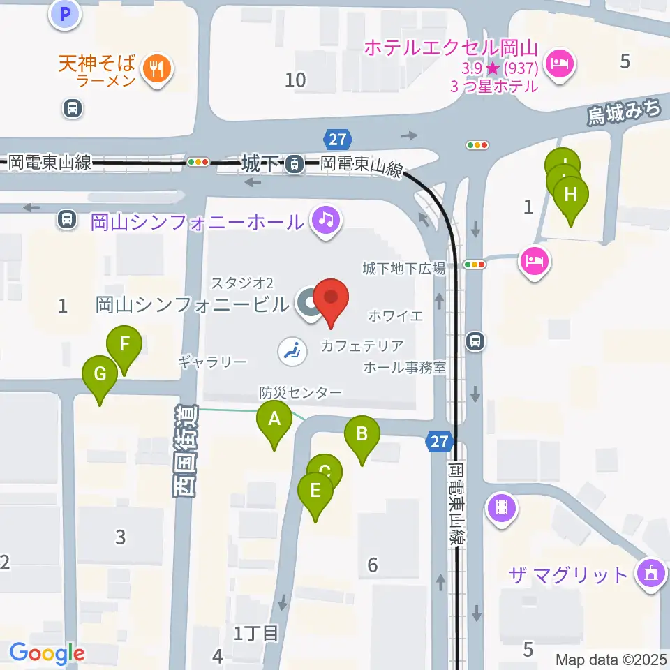 ヤマハミュージック 岡山店周辺のファミレス・ファーストフード一覧地図